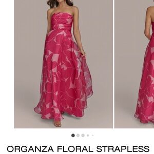 NWT Donna Karan Strapless Pink Floral Organza Evening Dress